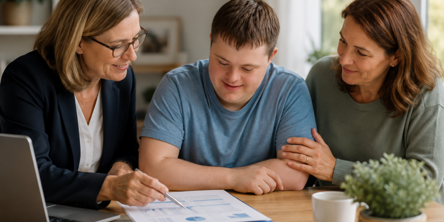 Family meeting with a financial adviser discussing Special Disability Trust planning and future care support.