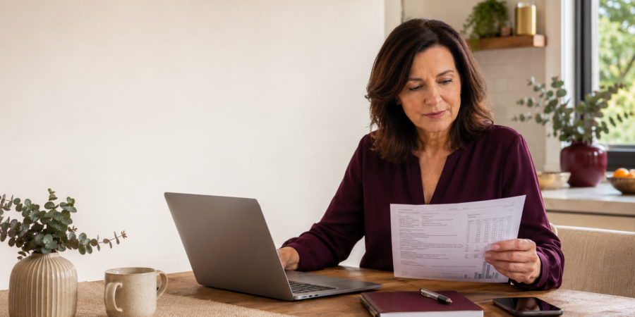 Woman reviewing insurance inside super documents with a laptop at home