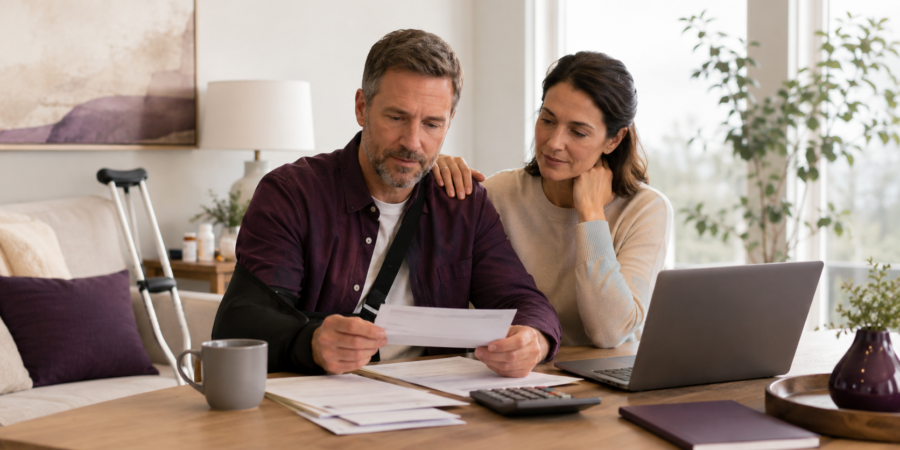 Couple reviewing financial paperwork at home after a compensation settlement