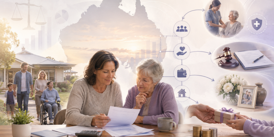 Australian family and carer reviewing financial planning decisions that may affect Centrelink support, disability care, estate planning and household payments.