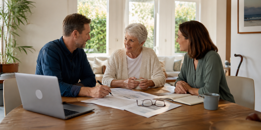 Family financial planning discussion between an older mother and her adult children at a dining table