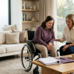 Adult wheelchair user and family member reviewing Special Disability Trust planning documents at home