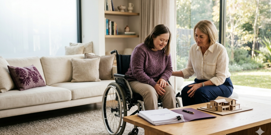 Adult wheelchair user and family member reviewing Special Disability Trust planning documents at home