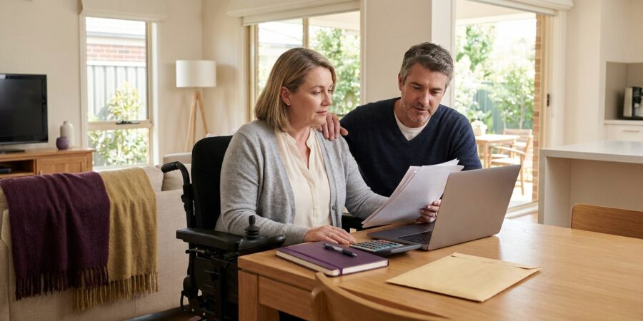 Woman in a wheelchair reviewing financial paperwork with her partner after TPD claim approval