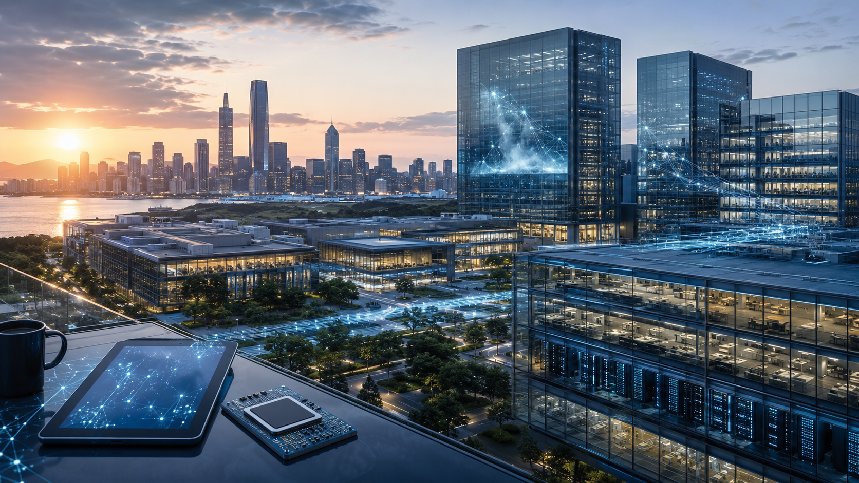 AI and data centre investment lighting up a city skyline at dusk, with a tablet and circuit board on a rooftop desk