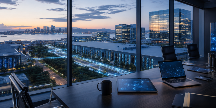 Illuminated data centre and office towers at dusk beside a city skyline, with digital network lines connecting rooftop technology to a tablet showing an AI network pattern
