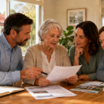 Family home aged care decision, adult child and elderly parent discussing options