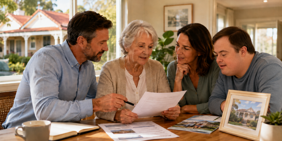 Family home aged care decision, adult child and elderly parent discussing options