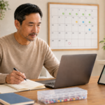 Man reviewing his calendar and financial notes in the first 30 days after a TPD payout