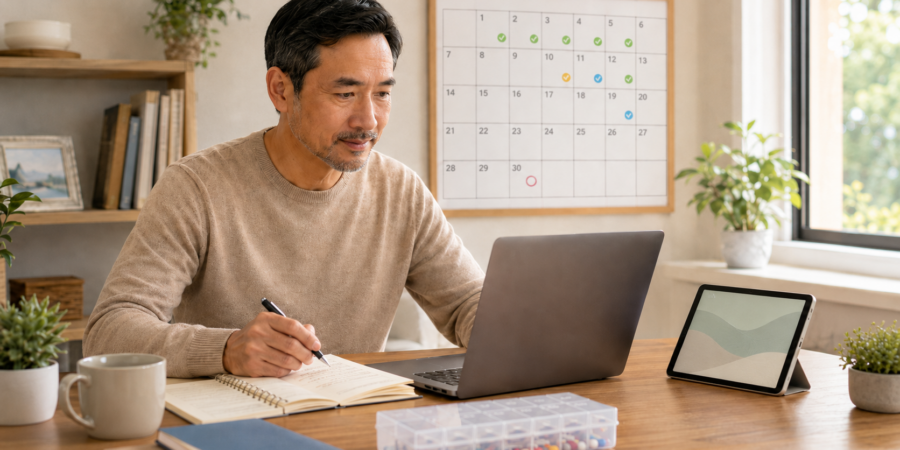 Man reviewing his calendar and financial notes in the first 30 days after a TPD payout