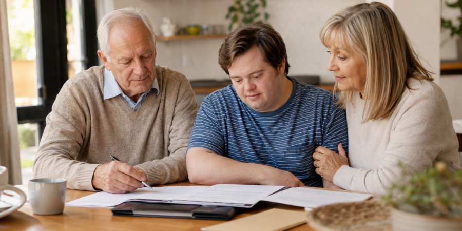 Parents reviewing an inheritance and will with their adult son on DSP at the kitchen table