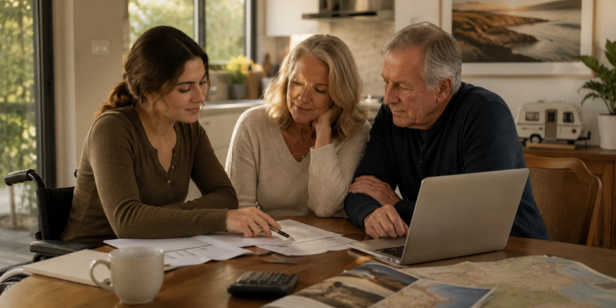 Adult daughter and her parents reviewing paperwork together at home, part of intergenerational TPD planning
