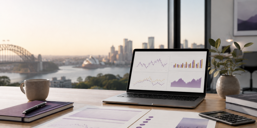 Financial charts showing May 2026 Australian inflation and market data on a laptop with Sydney Harbour Bridge and Opera House in the background