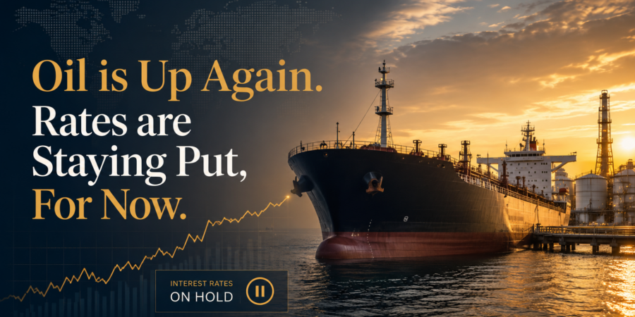 Oil tanker at dusk with a rising oil price chart and "interest rates on hold" label, illustrating the RBA rate outlook