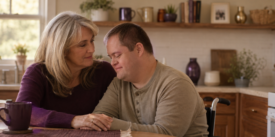 Mother and adult son with disability sharing a quiet moment at home, planning for a child with disability