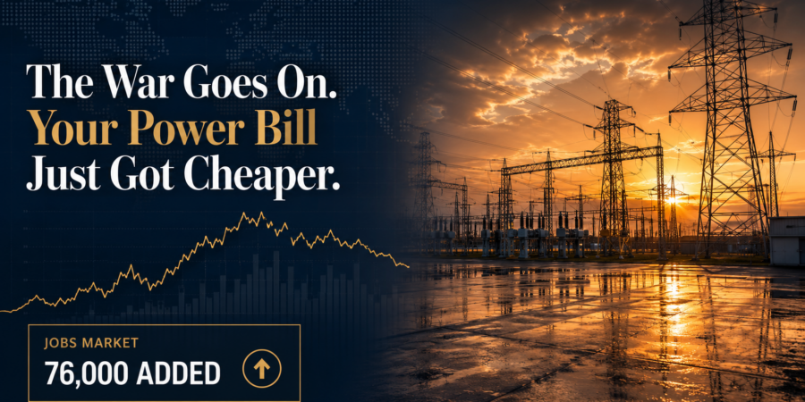 Electricity transmission towers at sunset with jobs market and oil price graphic, ahead of the RBA rate decision