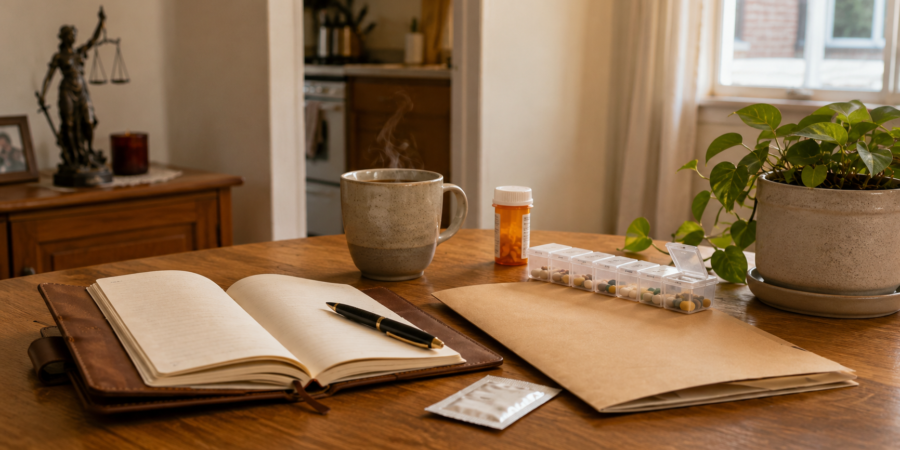 A notebook, pen, coffee and medication organiser on a desk with a Lady Justice statuette in the background, representing legal and financial planning after a personal injury or compensation settlement.