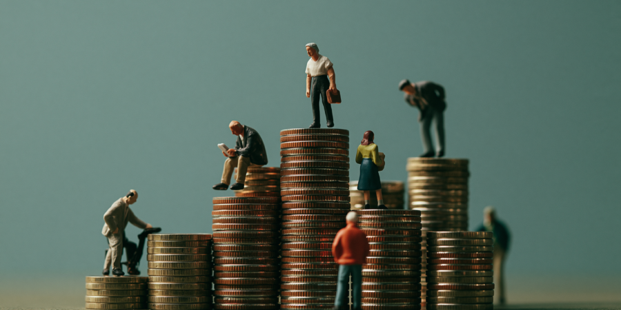 Miniature figures on coin stacks of different heights representing lump sum income planning