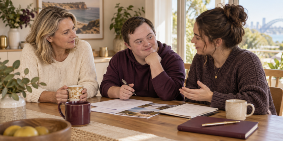 Mother, adult son and daughter reviewing disability planning documents at home