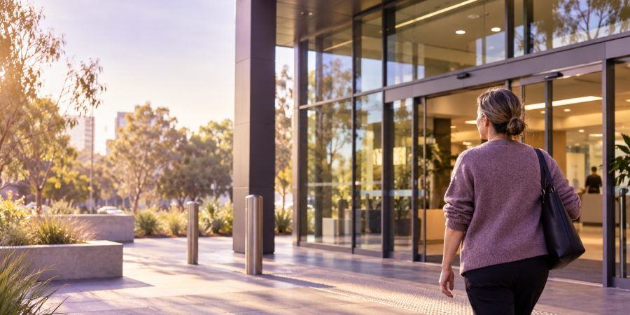 Woman walking into an office building to declare compensation to Centrelink