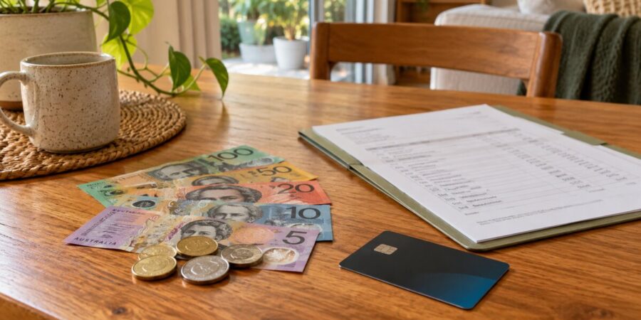 Australian banknotes, coins, a bank card and a statement on a kitchen table, illustrating DSP asset limits