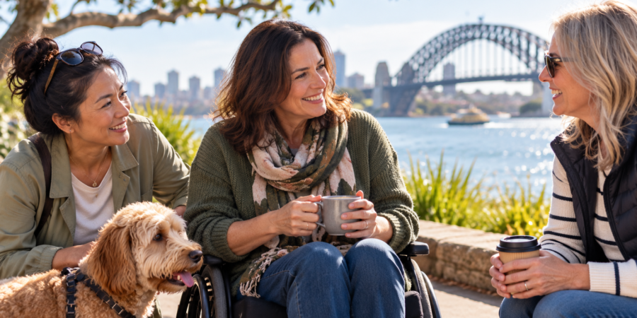 Woman in a wheelchair sharing coffee with two friends and a dog beside Sydney Harbour