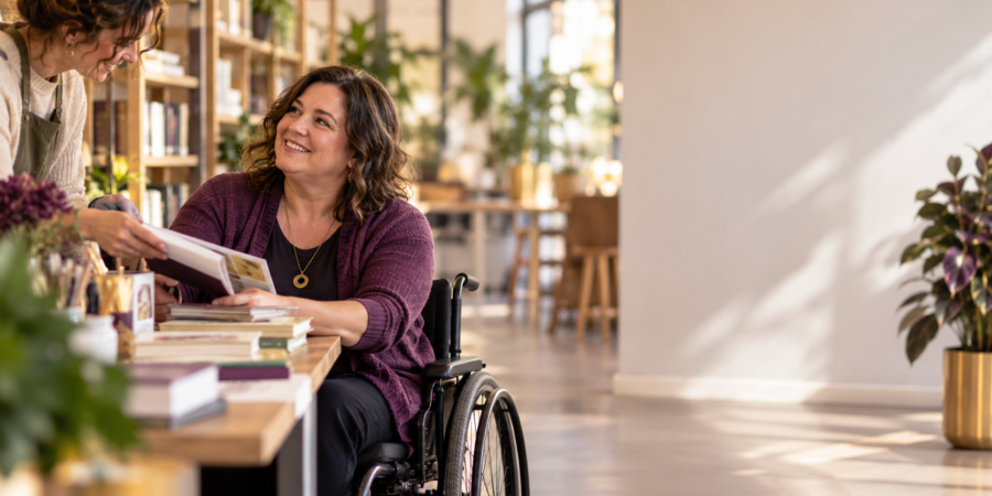 Woman using a wheelchair working with a colleague in a bright shared workspace